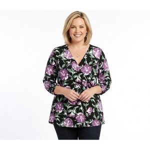 Alfani size 2X Black Purple Floral Stretch Knit 3/4 Sleeve V Neck Wrap Top